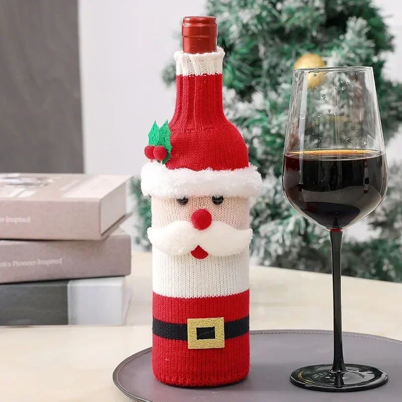 Christmas Wine Bottle Cover Set Santa and Snowman Woven Holiday Bottle Bags for Party Table Decor