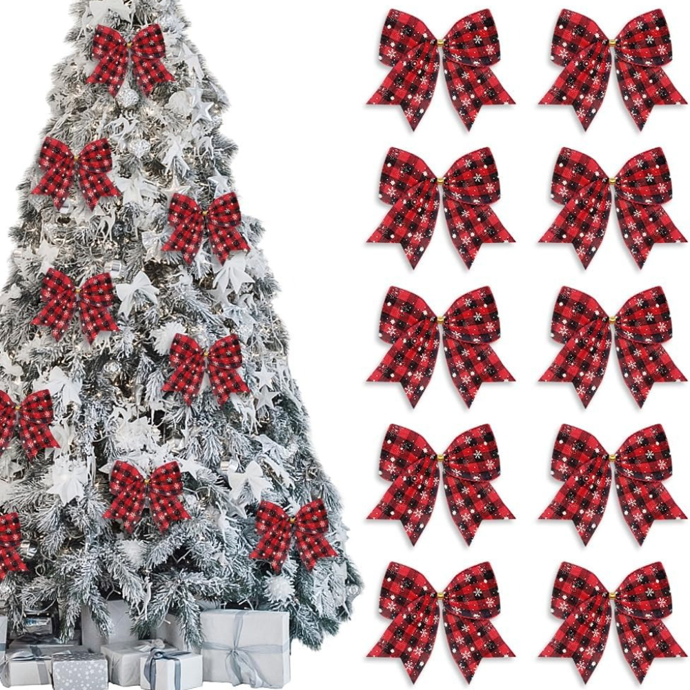 Christmas Wreath Bows Red, Black Buffalo Plaid Winter Holiday, Snowflake Craft Tree Bows for Basket, Christmas Decor
