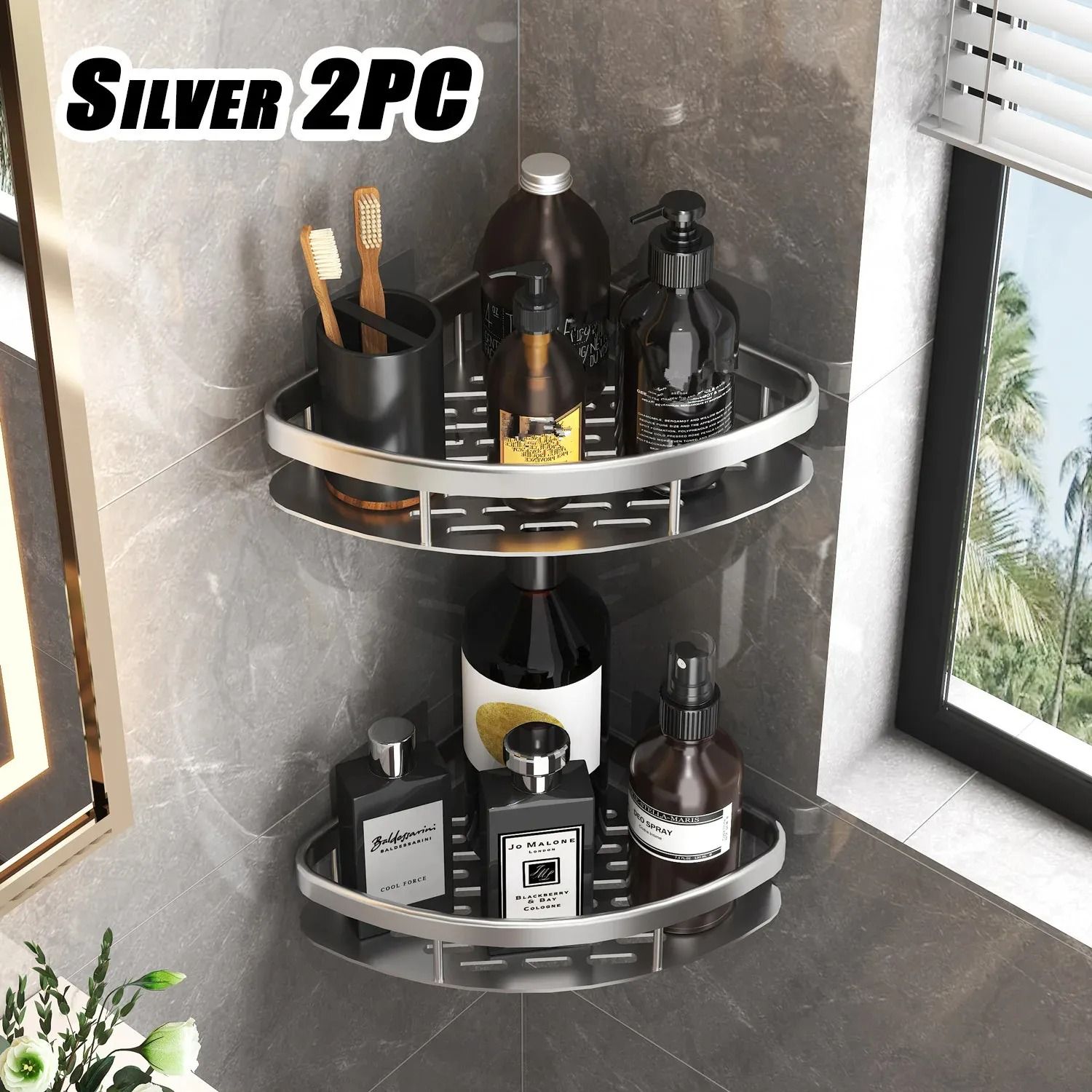 No Drill Aluminum Bathroom Shelf Corner Shower Storage Organizer