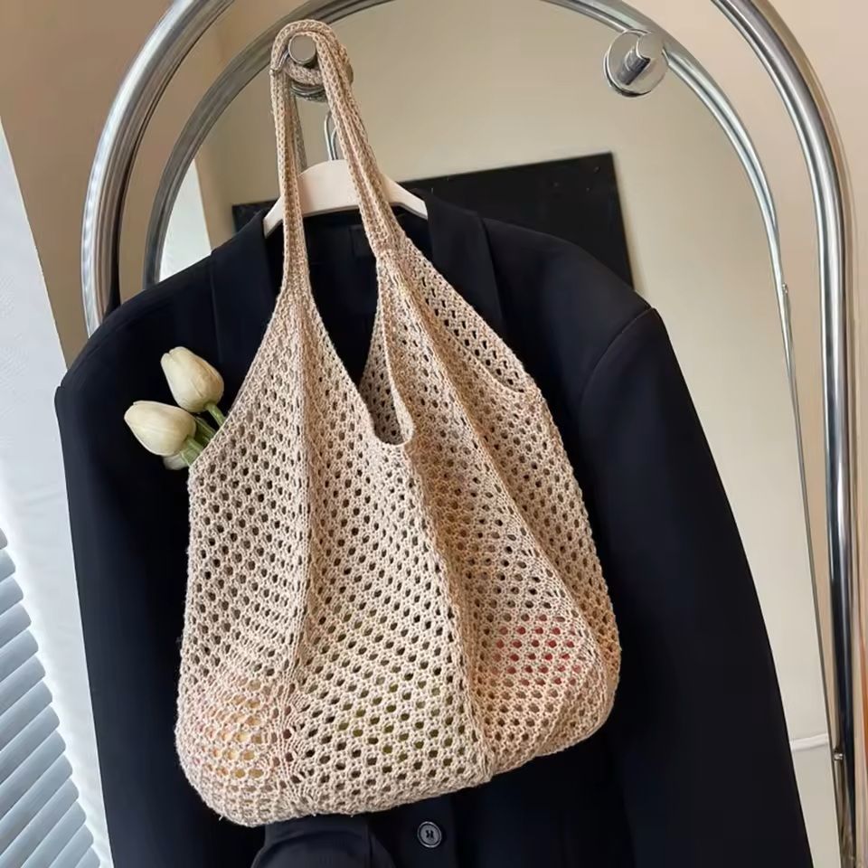 Hollow Woven Shoulder Tote Bag Large Mesh Beach Handbag