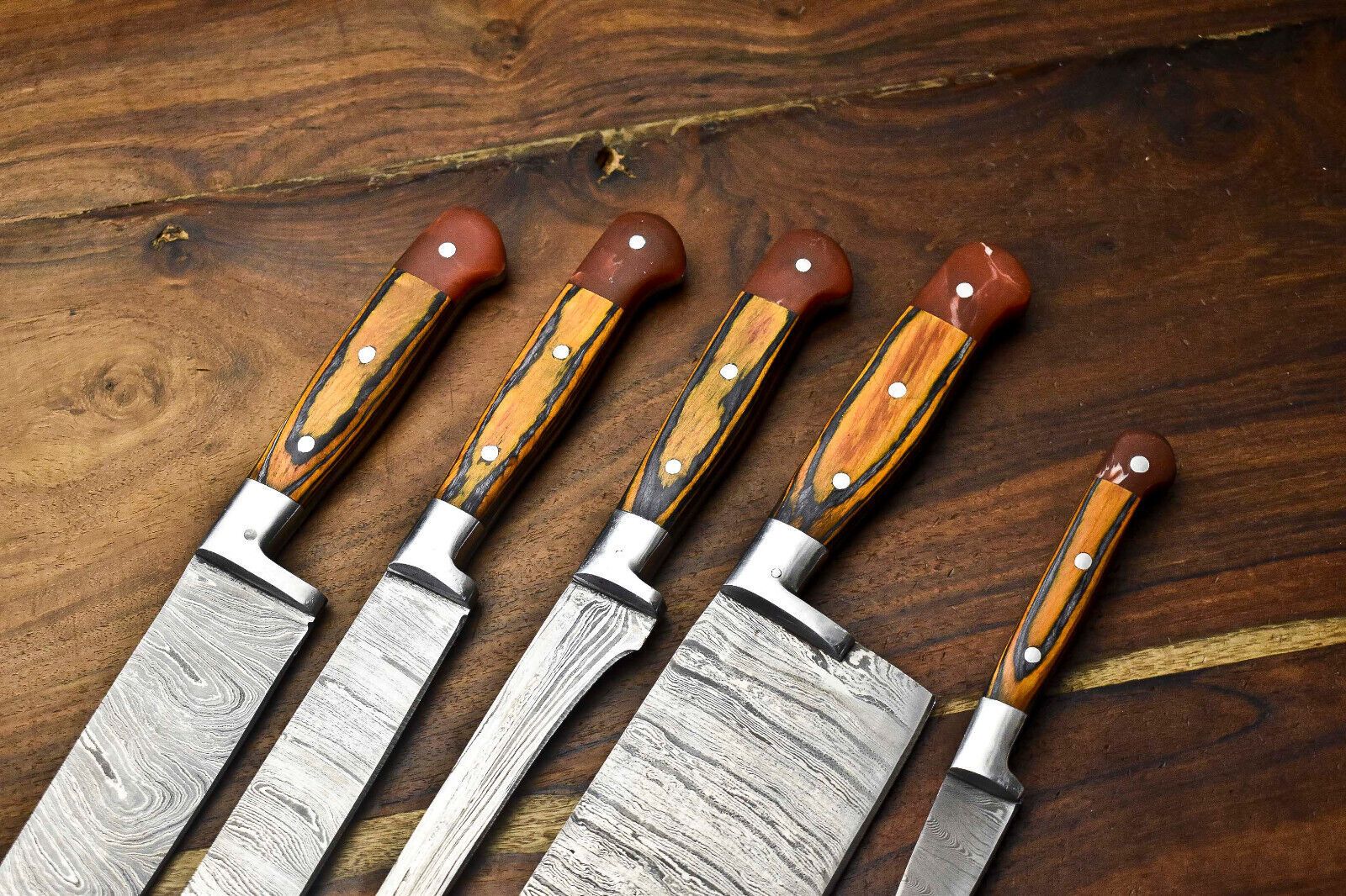 Hammered Damascus Steel Chef Knives – Lot of 5 Professional Handmade Set