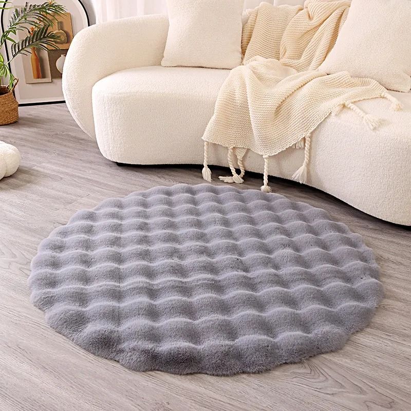 Premium Faux Rabbit Fur Bubble Carpet | Round Ultra-Soft Living Room Rug & Kids' Bedroom Game Cushion