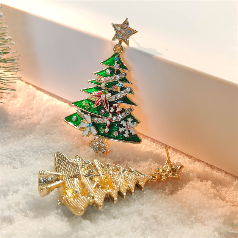 Crystal Star Earrings, Green Christmas Tree Stud, Women Dangle Jewelry, Party Gift