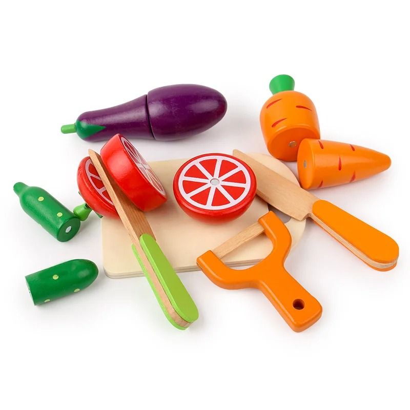 Montessori Wooden Cutting Fruit and Vegetable Toy Set Kids Pretend Play Kitchen Food