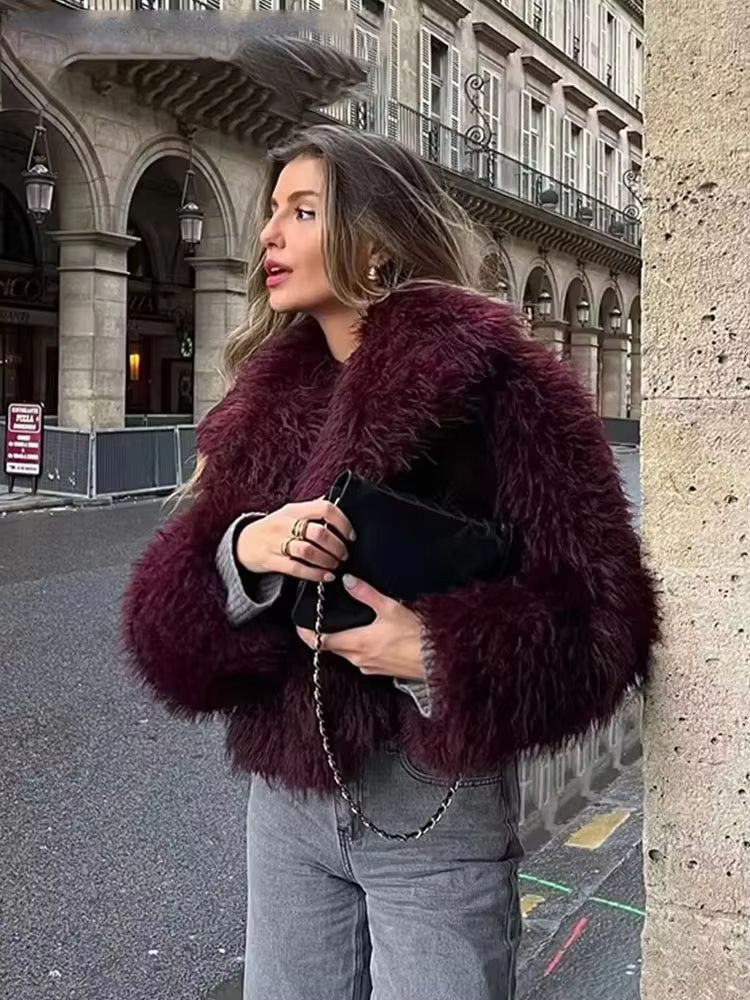Elegant Faux Fur Coat Women Fluffy Winter Faux Fur Jacket Long Sleeve Lapel Fluffy Fur Coat