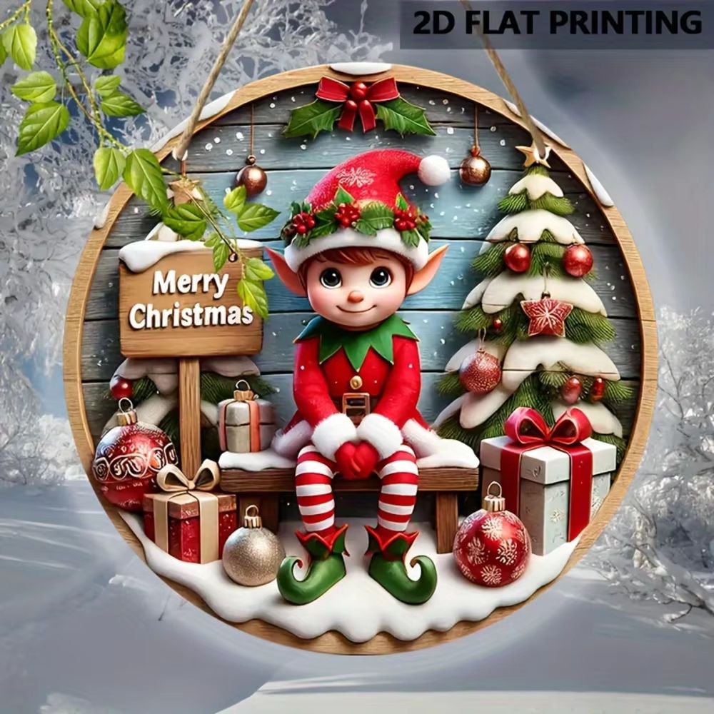 Christmas Elf Wooden Sign – 7.9 in Round Rustic Holiday Decor