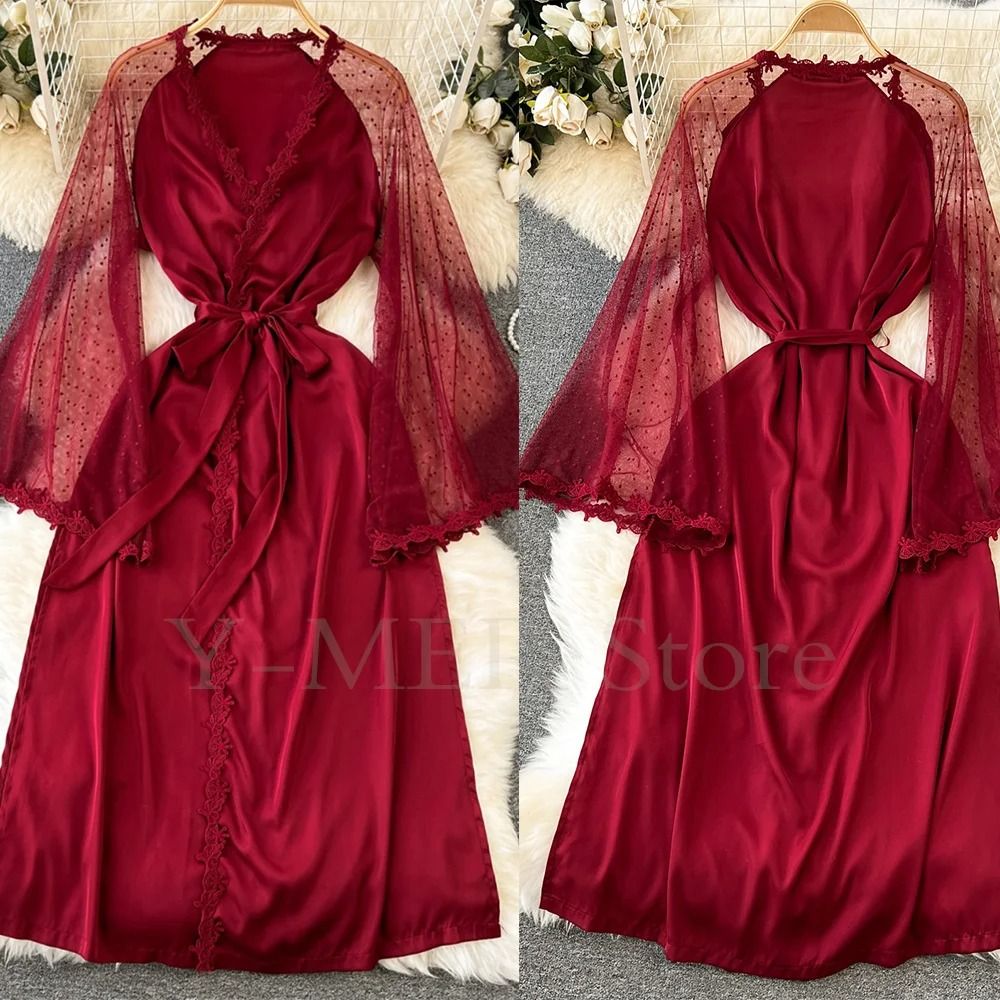 Sexy Embroidered Edge Kimono Robe – Professional Silk Satin Long Gown with Mesh Sleeves