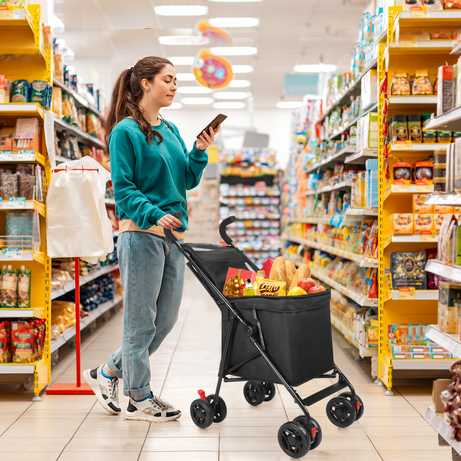 Folding Shopping Cart Pet Stroller with Removable Basket