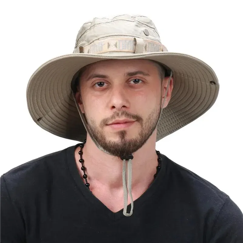 Summer Mens Bucket Hat for Outdoor UV Protection Wide Brim Panama Safari Hat for Hiking, Fishing, and Beach