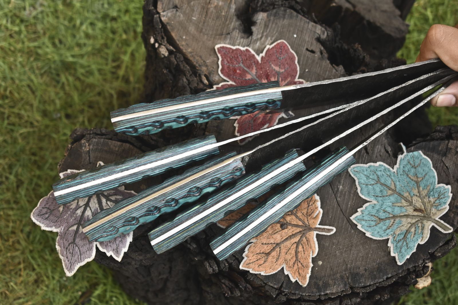 Forged Damascus Steel Chef Knives | 5-Piece Twist Pattern Hardwood Set