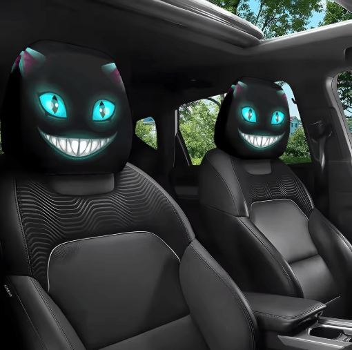 Smiling Cat Car Seat Headrest Pillow Covers – 2pcs Black with Glowing Blue Eyes