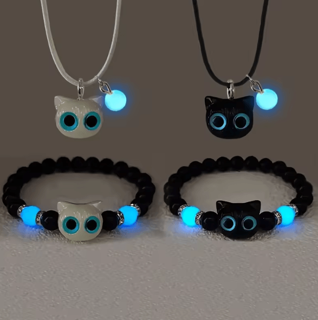 GlowCat Big Eye Luminous Necklace – Trendy Black Cat Pendant Cartoon Jewelry Gift for Women