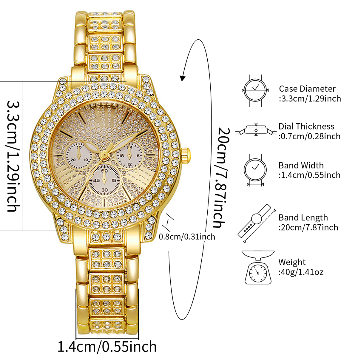 Ladies Fashion Luxury Three Eyes Dial Wristwatch, Full Diamond Alloy Strap with Heart Jewelry Set