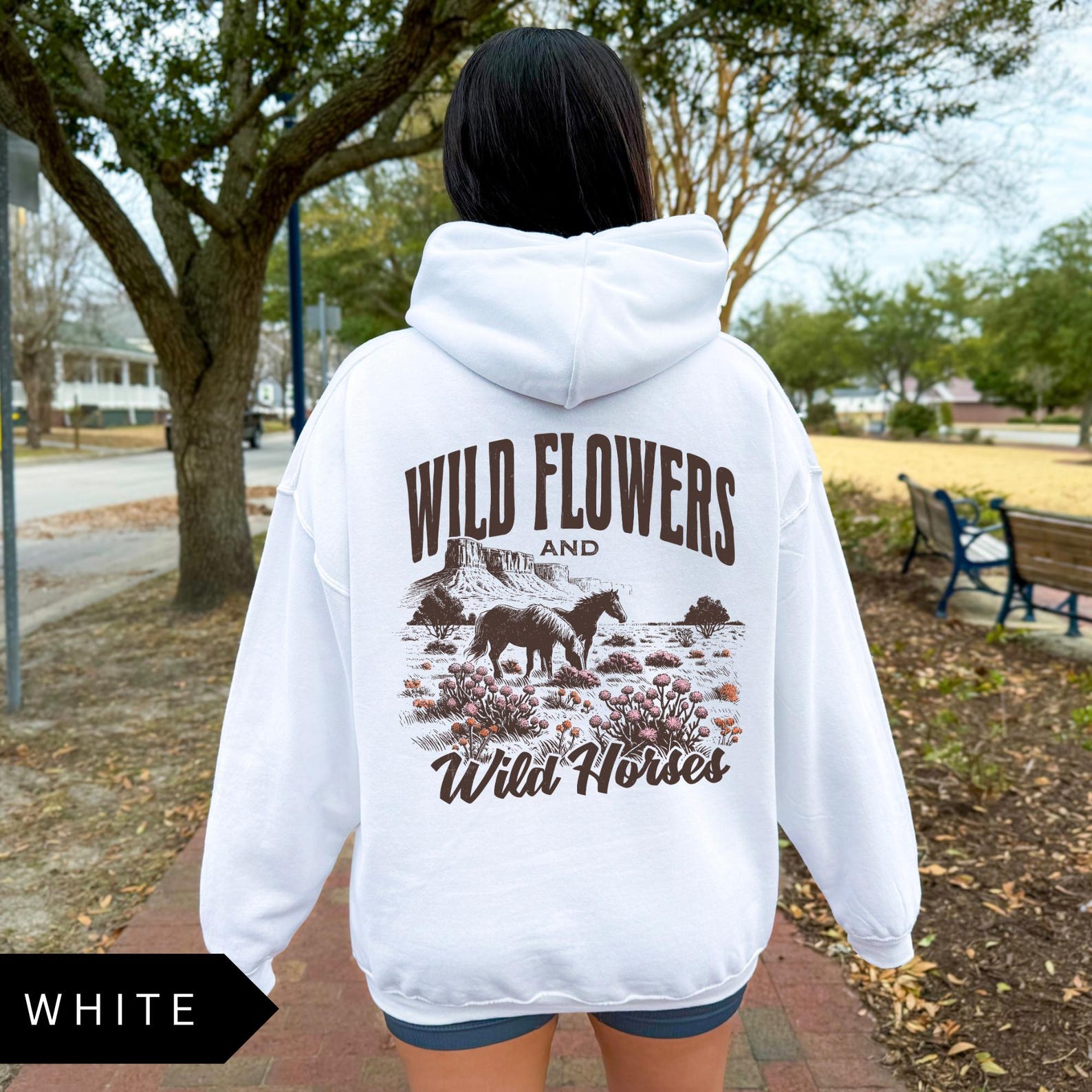 Wildflowers and Wild Horses Hoodie Western Graphic Sweatshirt Boho Cowgirl Pullover