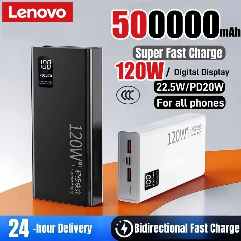 Lenovo 500,000mAh Ultra-Capacity Power Bank – 120W Super Fast Charging External Battery for iPhone, Samsung & Xiaomi
