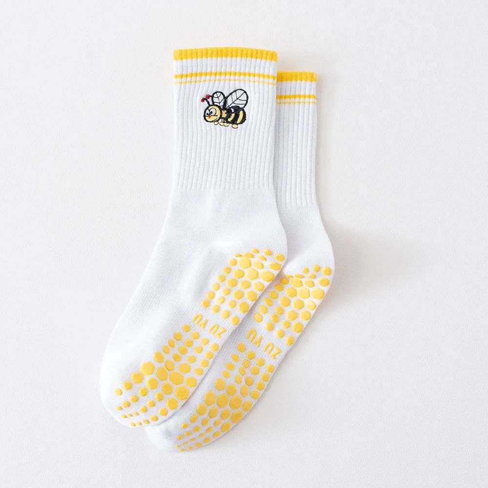 Womens Knitted Embroidered Non-Slip Yoga Socks EU 36–43 – Silicone Grip Pilates & Fitness Mid-Calf Socks