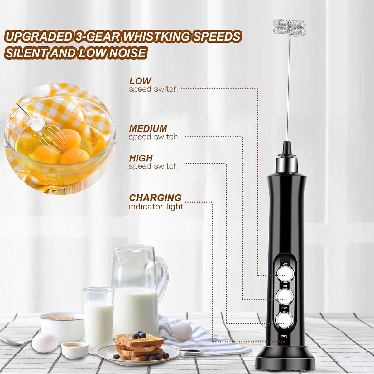 Wireless Rechargeable Electric Milk Frother - Speeds Handheld Foam Maker for Latte, Cappuccino & Hot Chocolate - USB