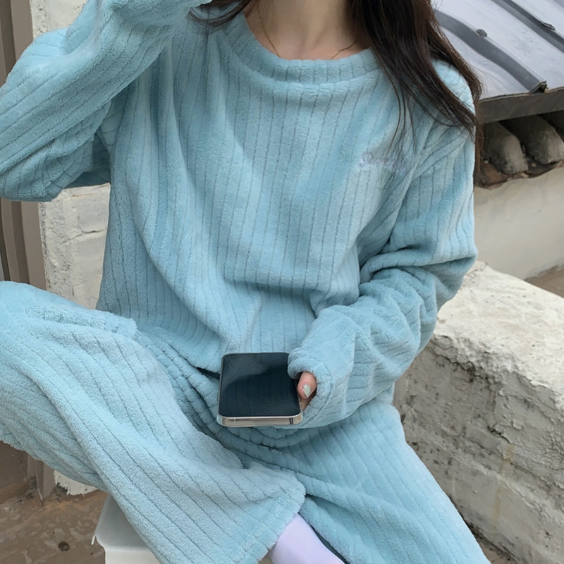 Women Casual Pajama Sets, Autumn Women Solid Warm Piece Sets, Thicken Velvet Ribbed Fleece Set Pullover and Pants