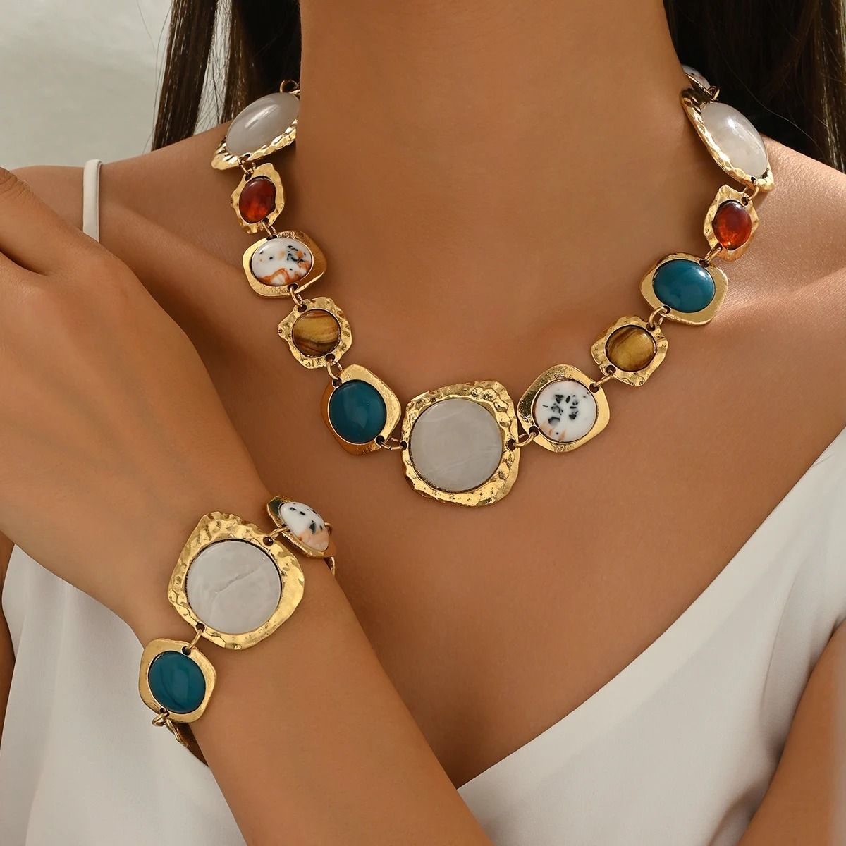 Colorful Geometric Jewelry Set with Chunky Necklace and Bracelet