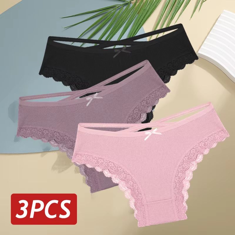 Women's 3-Piece Cotton Low-Rise Lace Brazilian Panties Set Breathable Soft Underwear S-XL