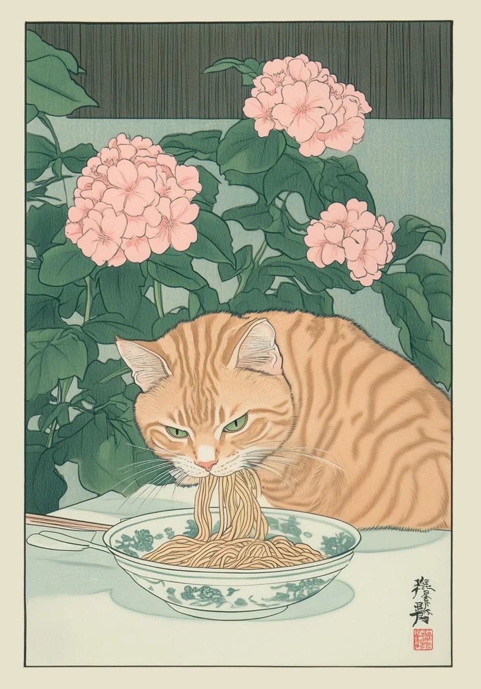 Japanese Tabby Cat in Bathtub | Retro Aesthetic Japandi Canvas Art