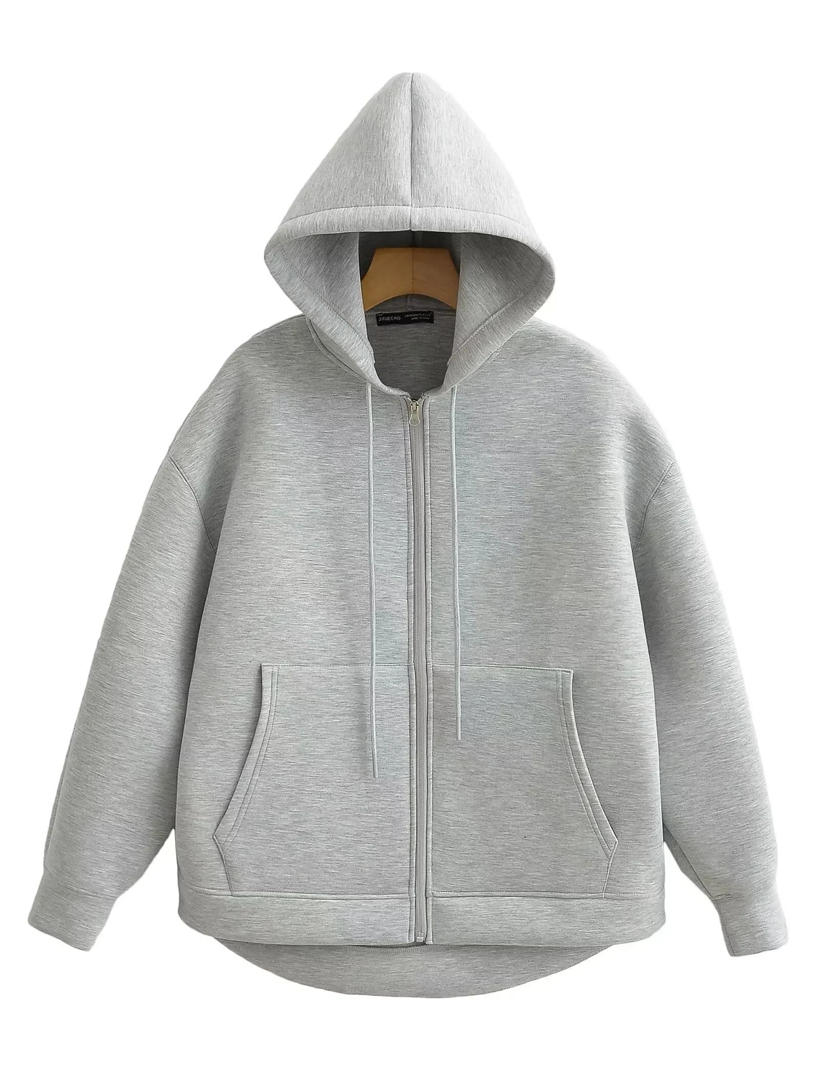 Womens Gray Hooded System | Premium 2025 Autumn Zipper Jacket & Loose Casual Outerwear Infrastructure
