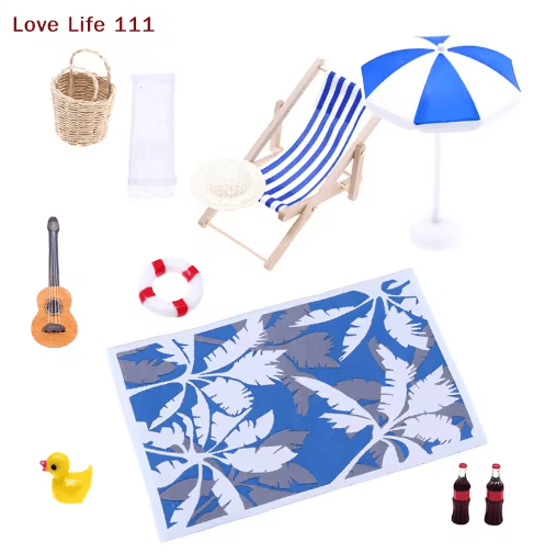 Mini Dollhouse Beach Set Deckchairs & Sunshade Umbrella Fairy Garden Decor