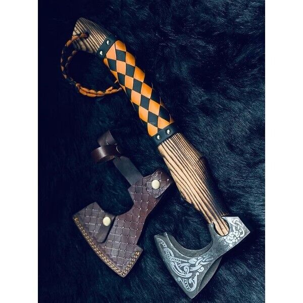 Handmade Damascus Steel Axe | Hunting & Gift Hatchet with Cutting Edge | Twist Pattern Blade & Ash Wood Handle