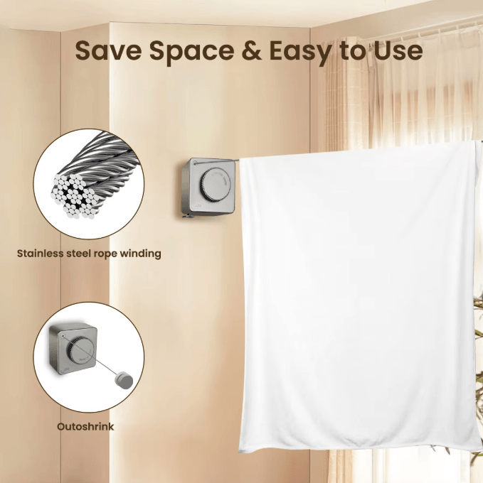 FlexDry 15.1FT Retractable Clothesline Wall Mounted Stainless Steel Laundry Line for Indoor & Outdoor Use