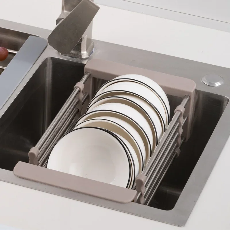Stainless Steel Kitchen Sink Drain Rack, Extendable Dish Drying Rack, Fruit Vegetable Washing Drainer