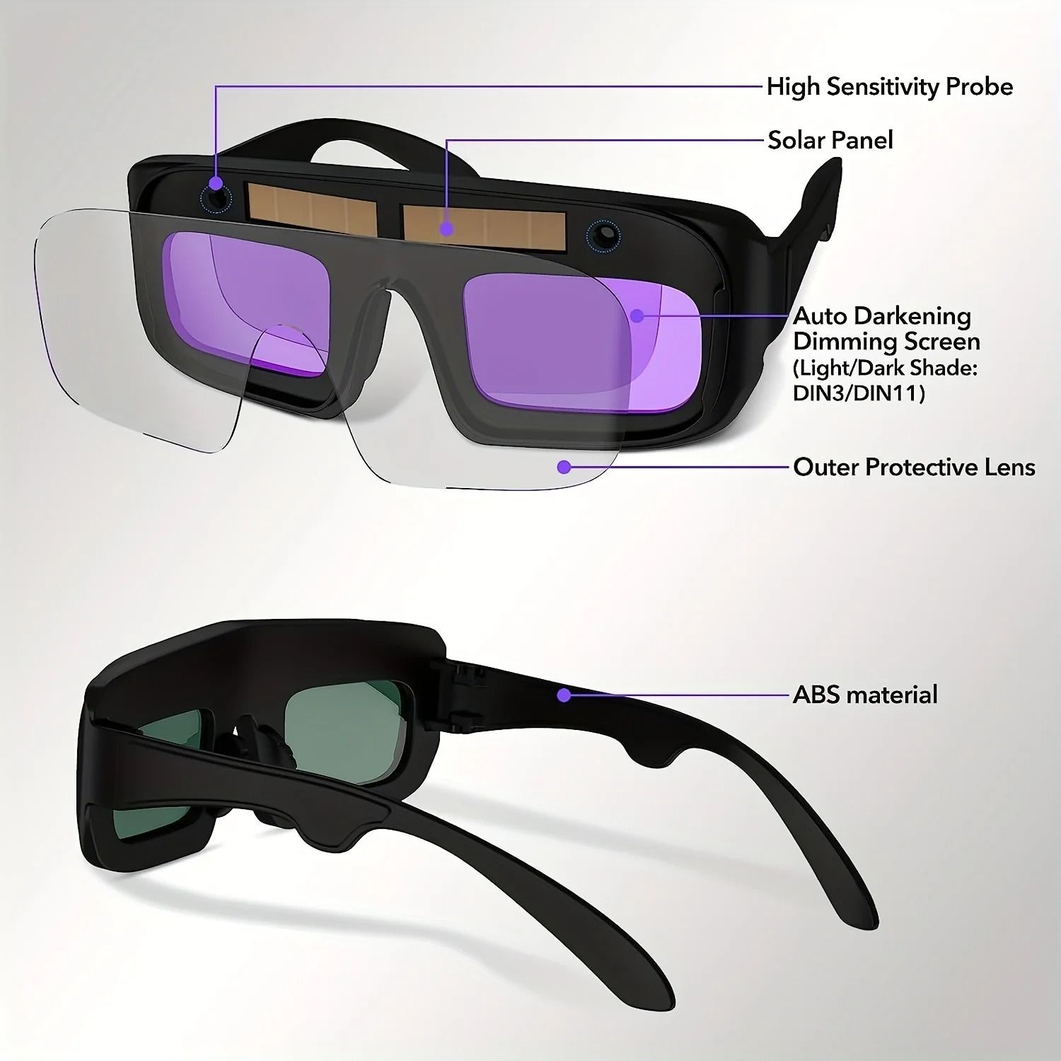 Solar Powered Auto Darkening Welding Glasses With Protective Film Set