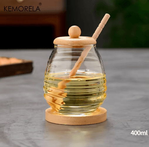 Glass Honeycomb Honey Storage Jar with Dipper & Lid Decorative Honey Bottle for Kitchen & Parties