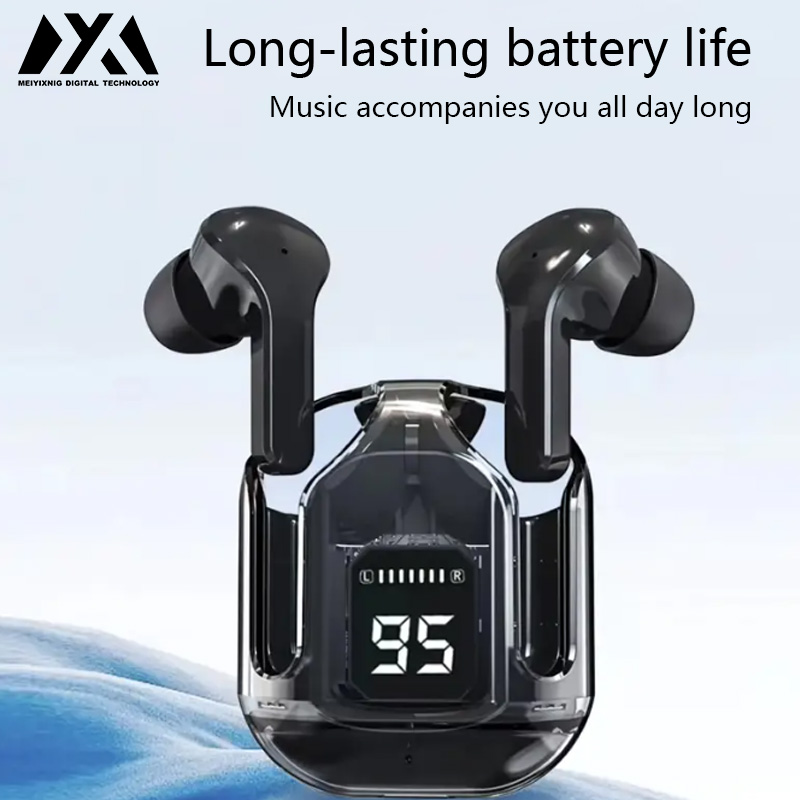 Air31 Wireless Headphones LED Power Display, Crystal Earphones with Mic, 200mAh Charging Case, Stereo Audio