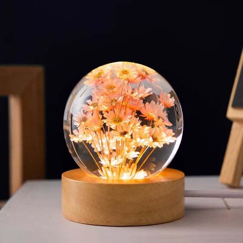 3D Dandelion Crystal Ball with Wood Stand Luminous Flower Sphere