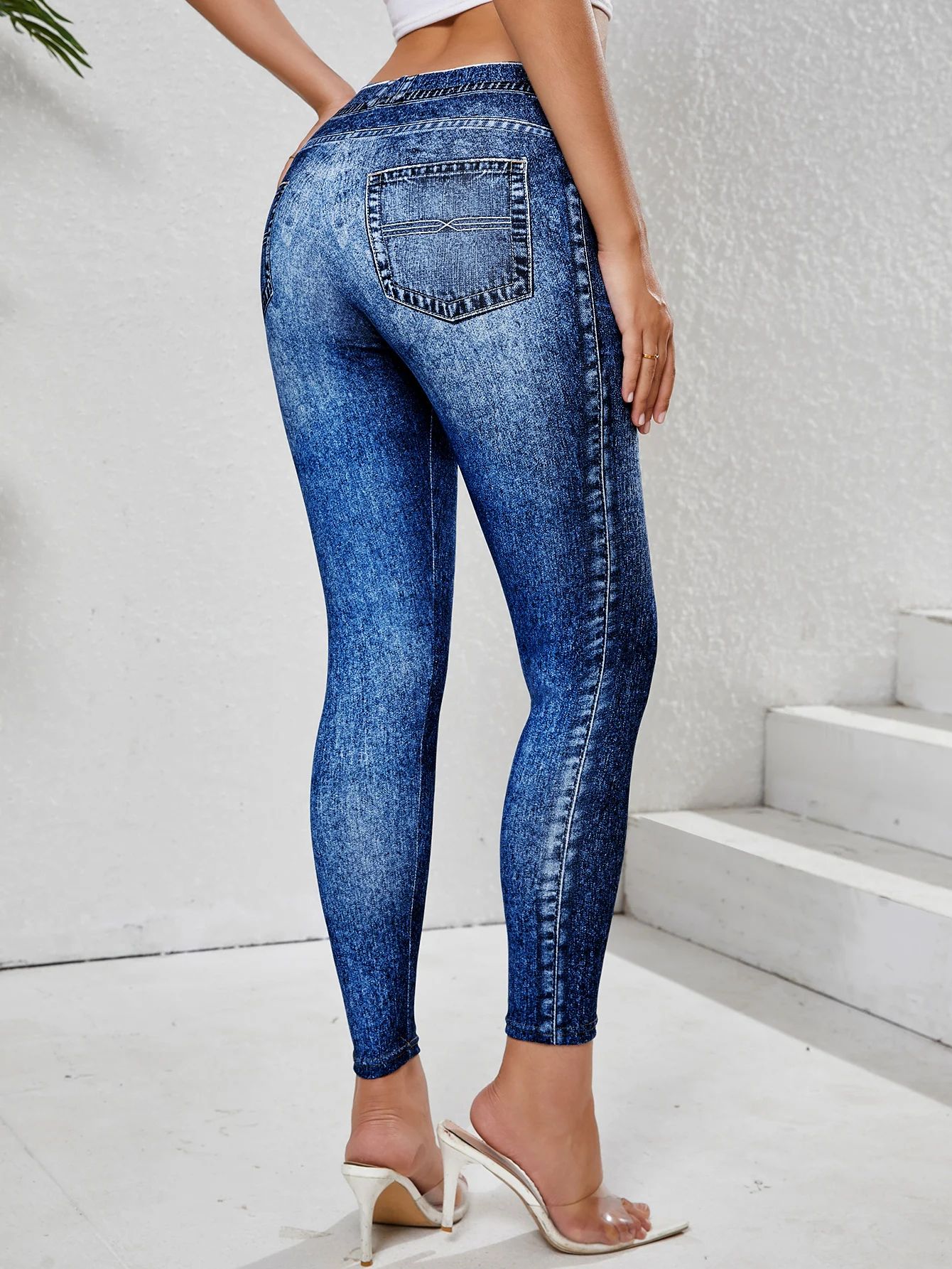 Denim Look High Waist Tummy Control Leggings with Pockets