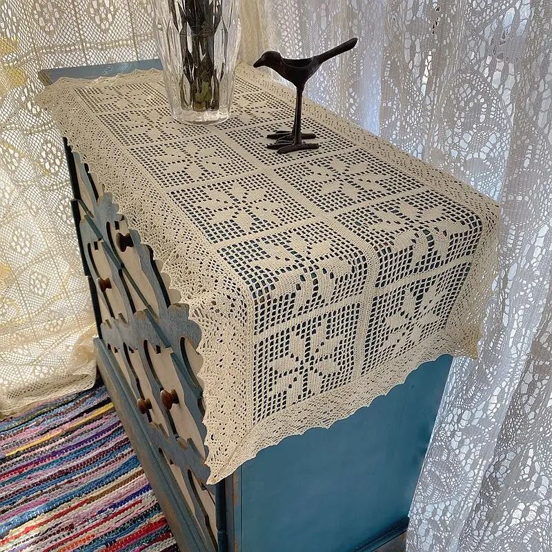 Vintage Crochet Cotton Linen Table Runner