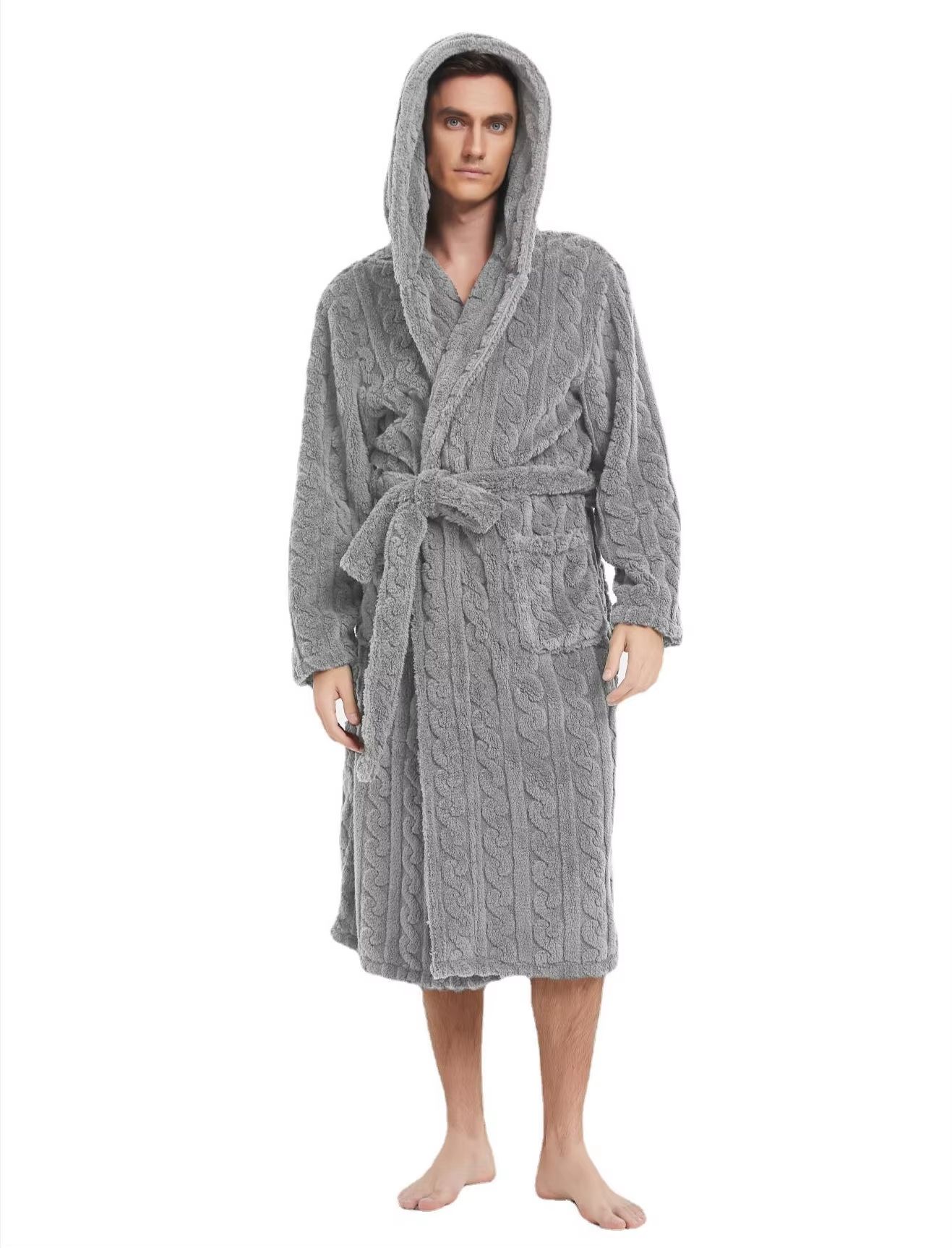 Men's Hooded Thickened Velvet Jacquard Warm Homewear Robe