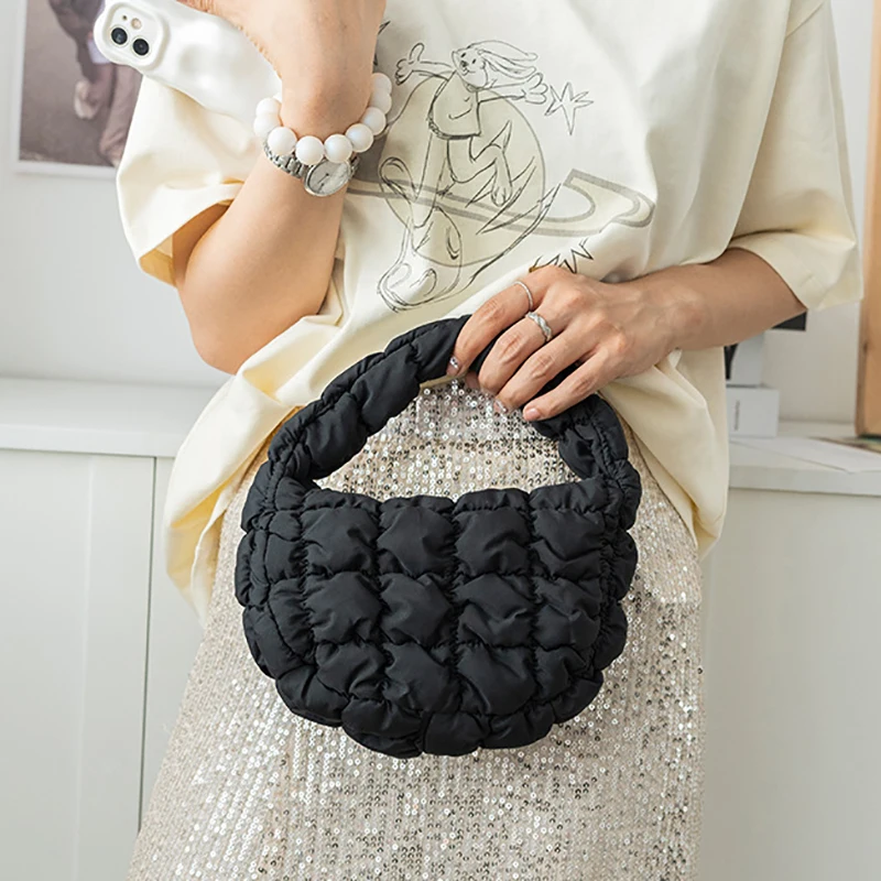 Elegant Purple Soft Nylon Mini Puffer Tote Bag Quilted Circle Phone Purse Simple Trend Handbag