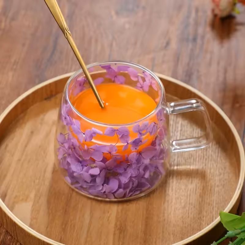 200ml Double Wall Glass Mug with Floral Pattern and Handle