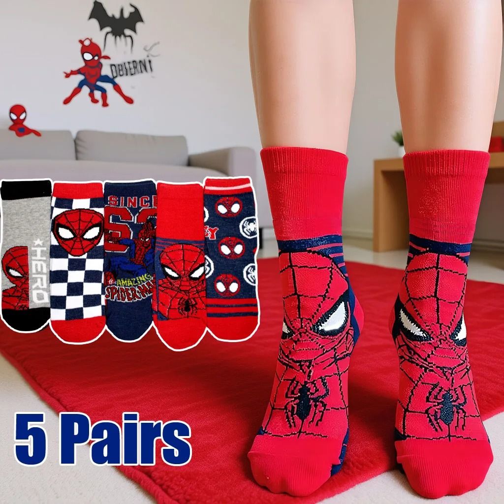 Kids Spiderman Cartoon Socks Soft Breathable Mid Tube Socks 5 Pair Set