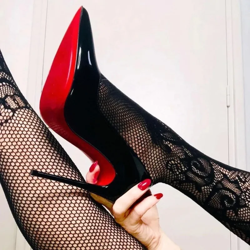 Sexy Black Red Sole High Heels, Pointed Toe Stiletto Heel, Shiny Patent Leather Women's Shoes for Spring Fashion
