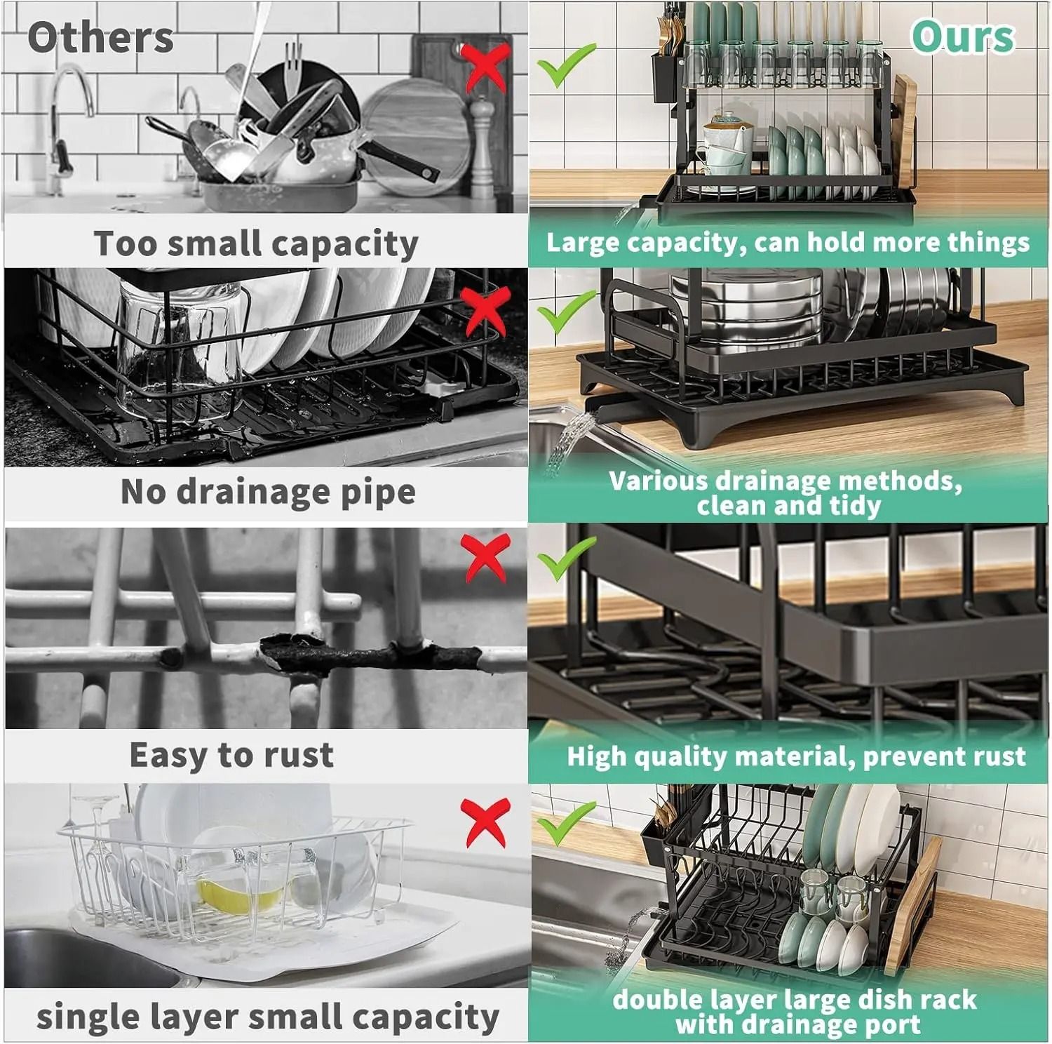 2-Tier Kitchen Dish Drying Rack – Heavy-Duty Countertop Drainer with Drip Tray – Metal Space-Saving Dish Rack