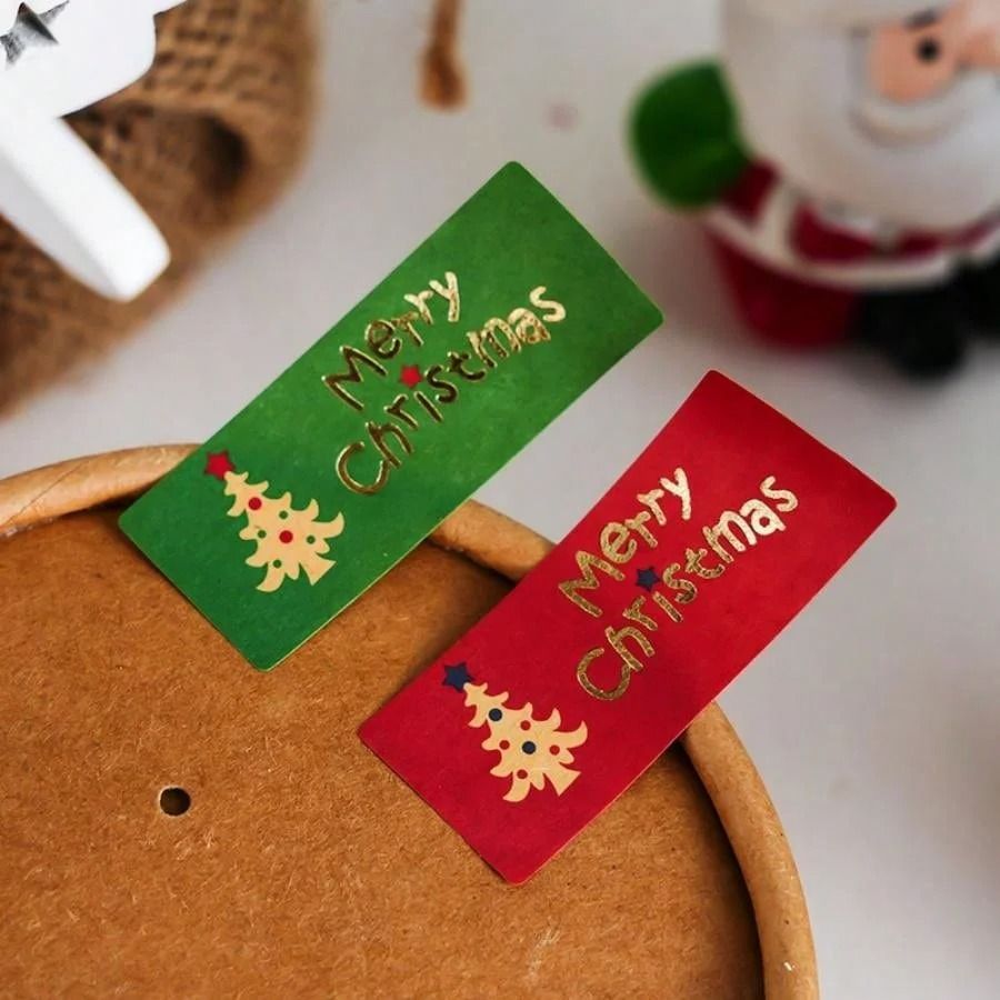 50pcs Christmas Tree Sealing Stickers Vintage Kraft Paper Baking Packaging Hot Stamping Gift Stickers