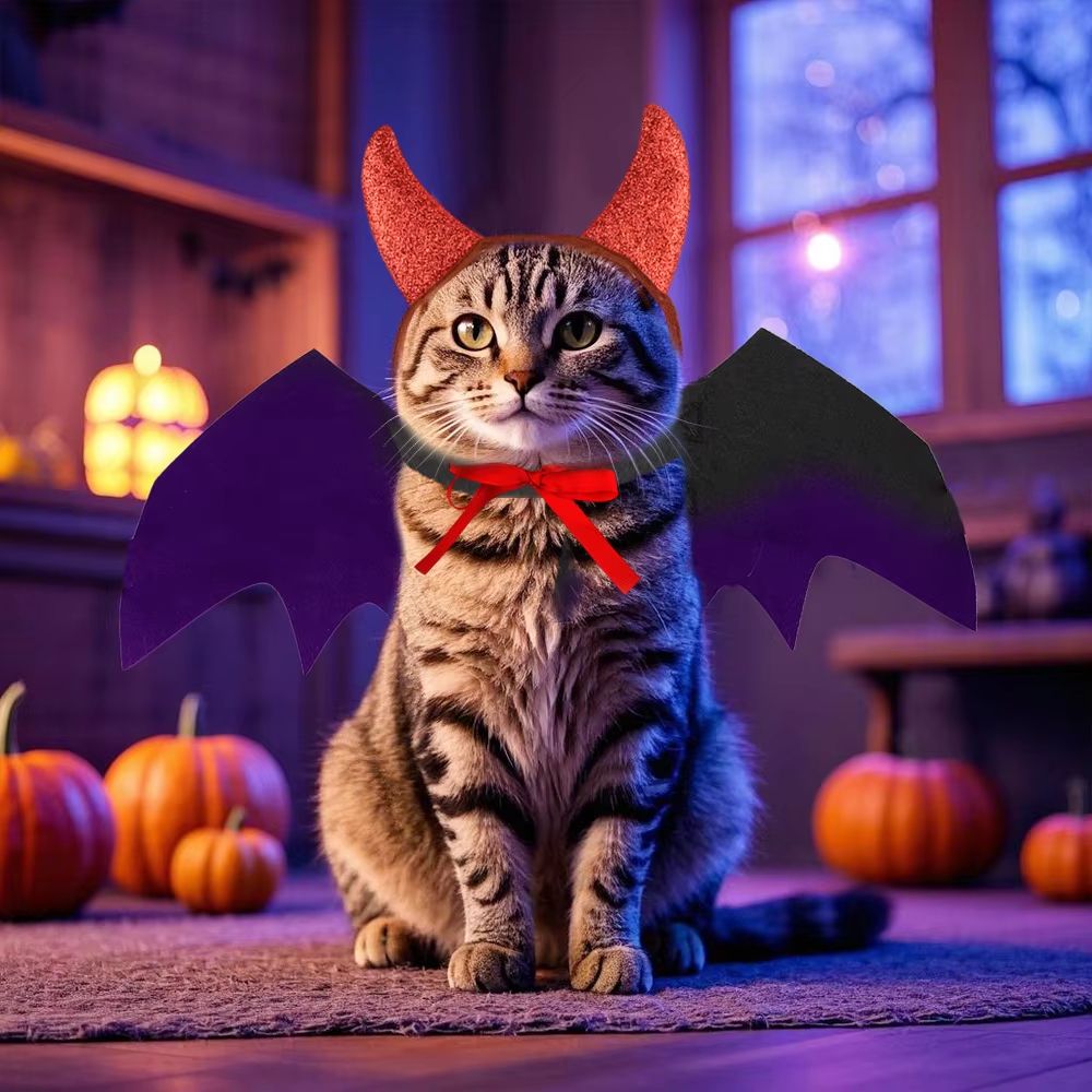 Cat Devil Costume Two-Piece Set with Bat Wings for Cats and Horn Headband