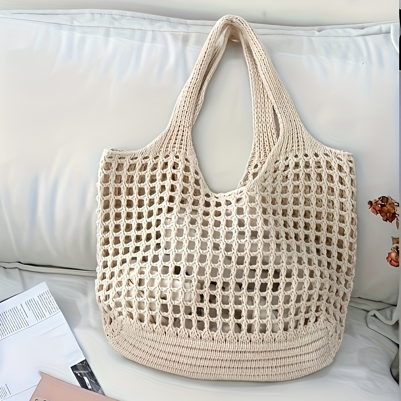 Large Crochet Tote Bag for Women Hollow Woven Shopping Bag with Comfortable Shoulder Strap for Travel & Everyday Use