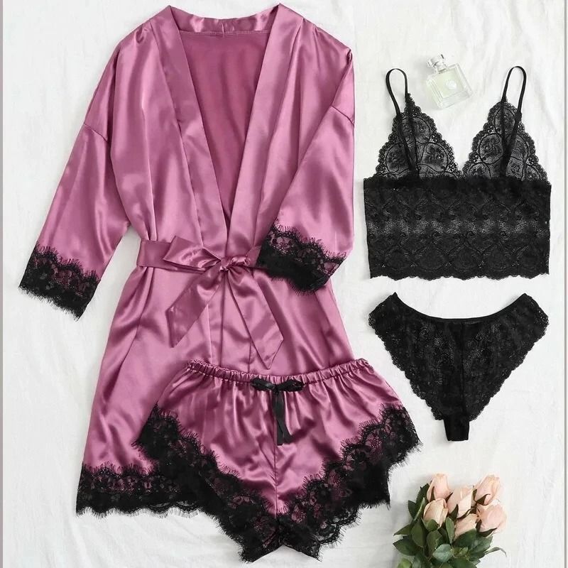 Womens Fashion Print Satin Pajama Set – Sexy Lace Trim Faux Silk Gown & Skin-Friendly Loungewear