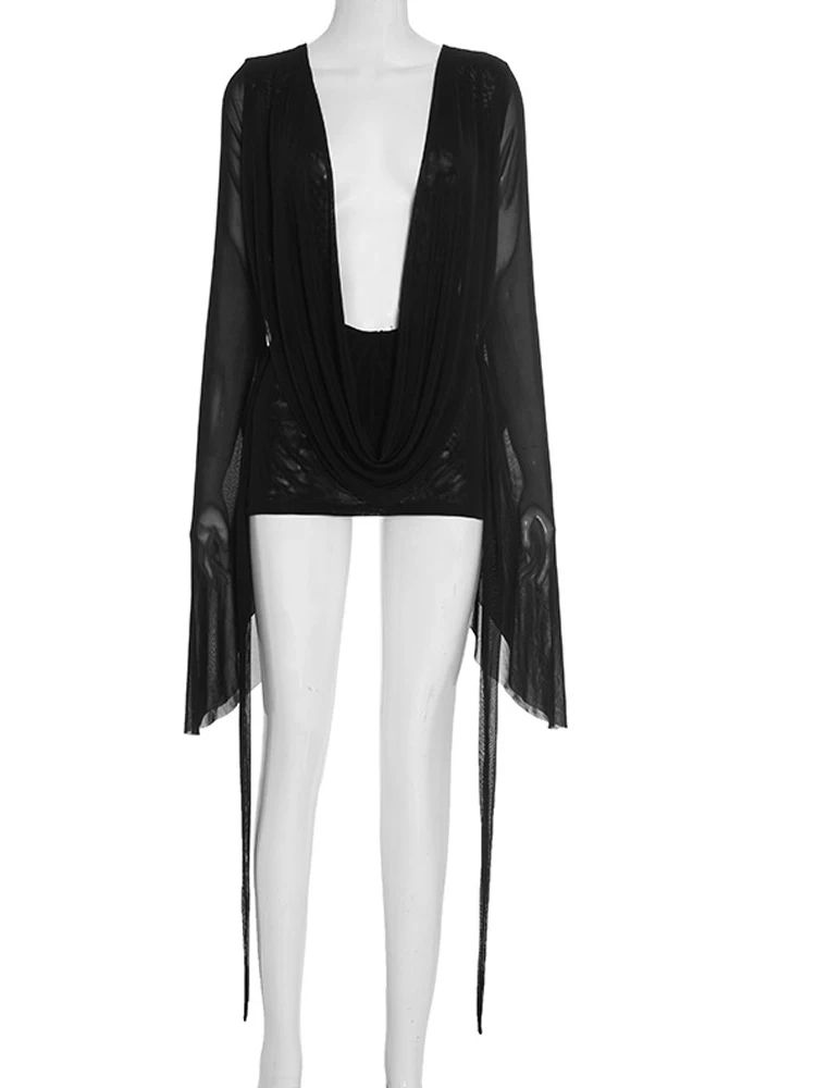 Blush Allure Ruched Sheer Mesh Mini Dress – Flare Sleeve V-Neck Beach Cover Up & Night Out Dress