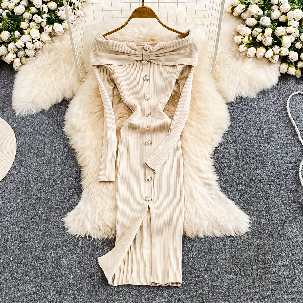 Ins Fashion Women Christmas Red Party Dress, High Waist Off Shoulders, Long Sleeve, Front Split Knitted Bodycon Robe