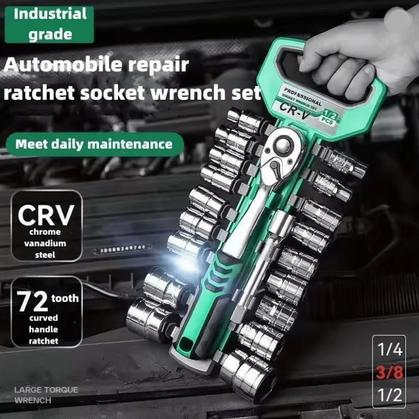 Heavy Duty Socket Wrench Set for Auto and Home Repair with Ratchet Drive and Spanner Tools
