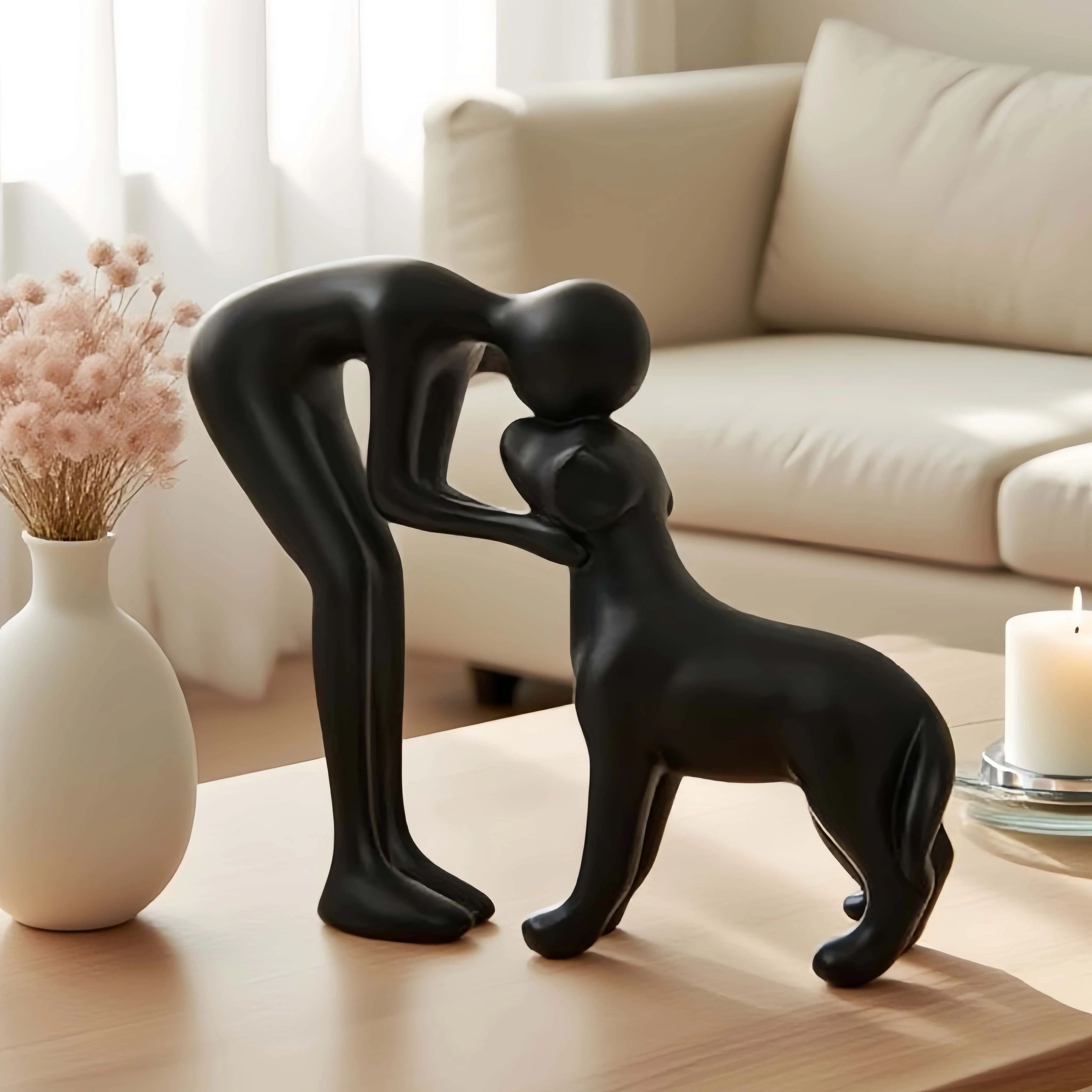 Elegant Black Dog & Owner Bond Statue – Minimalist Pet Lover Gift Decor